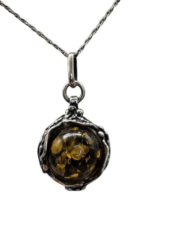 None Jewelry - Sterling Silver Ornate Baltic Amber Pendant Necklace 925 Setting 18" Cable Chain